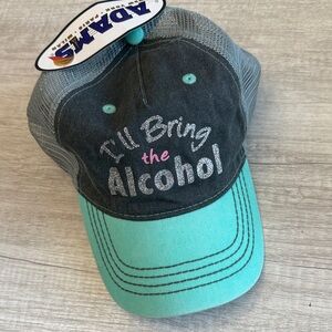 NWT Adams Gray Teal Glitter I’ll Bring The Alcohol Adjustable Mesh Trucker Hat